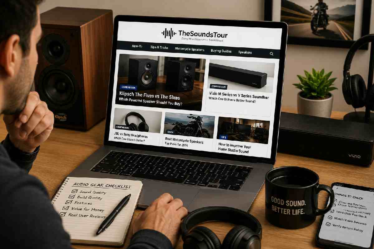 Person researching audio gear reviews online at home desk