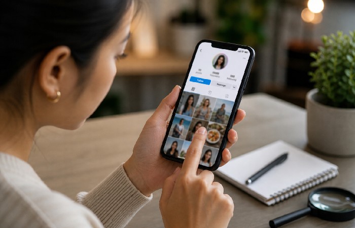Person checking a social media profile carefully on a smartphone
