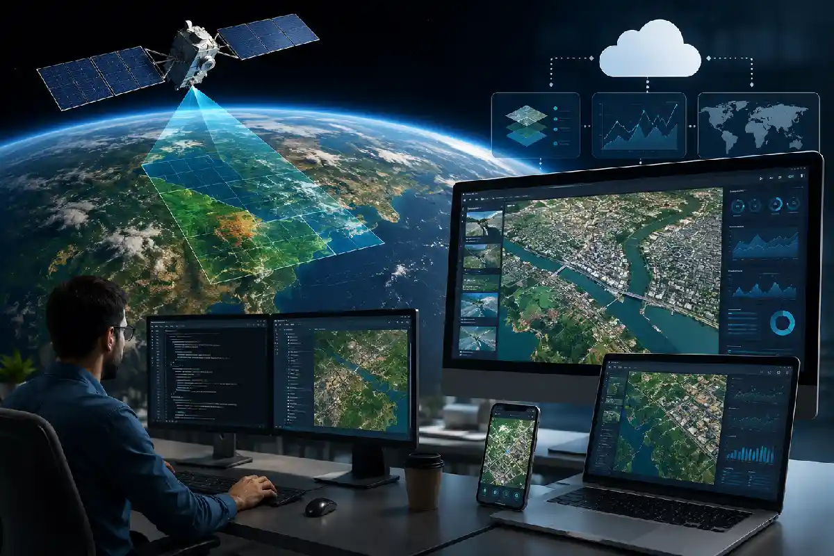 Satellite imagery integrated into modern digital mapping platform for geospatial analytics.