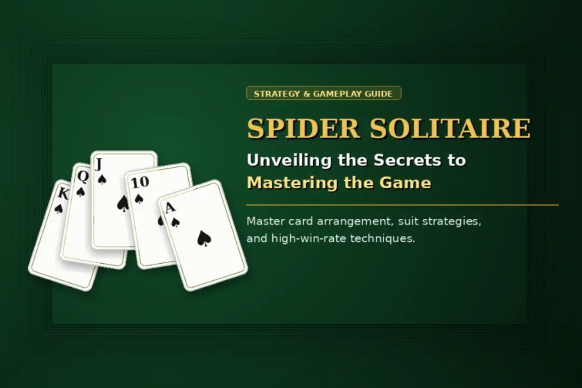Playing cards fan display for a Spider Solitaire strategy and gameplay guide banner